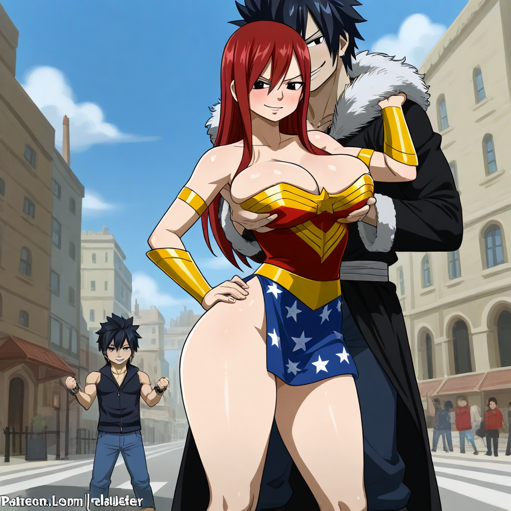 1boy 1girls ai_generated ass black_hair breasts city cosplay costume couple erza_scarlet fairy_tail gray_fullbuster red_hair sensual sexy wonder_woman