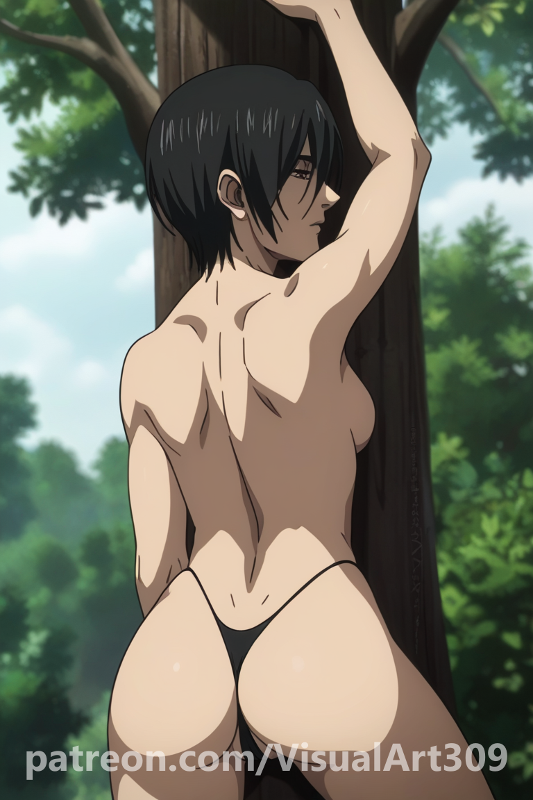 1girls against_tree ai_generated anime_style asian asian_female attack_on_titan forest forest_background mikasa_ackerman modeling shingeki_no_kyojin short_hair short_hair_female solo solo_female thong thong_only visualart309