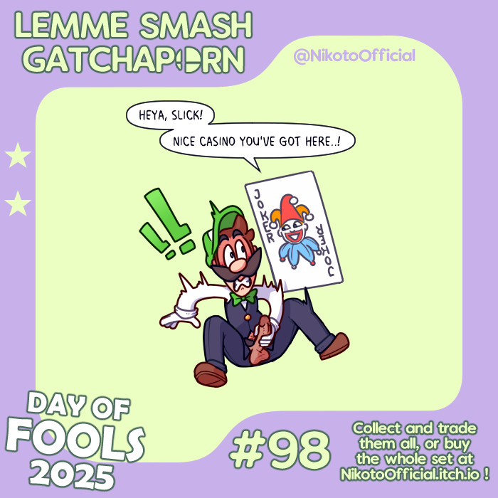 !! 1boy april_fools balatro balls black_pants black_vest bowtie brown_hair card clothing clown dialogue erection facial_hair gloves green_bowtie green_hat hand_on_penis hat jimbo_(balatro) looking_at_another luigi luigi_(picture_poker) male male_only mario_(series) masturbation moustache new_super_mario_bros. nikoto_all-stars_smashing nintendo pants penis penis_out picture_poker scared scared_expression shirt sitting startled text text_bubble vest white_gloves white_shirt