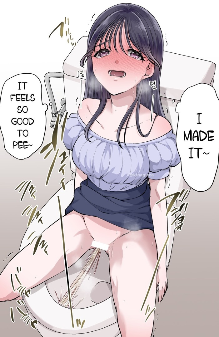 1girls, anime style, artist name, bare shoulders, black hair, blush, breasts, english text, female, kinagirea, long hair, open mouth, original, original character, peeing, relief, relieved, skirt, skirt lift, solo, sweat, thought bubble, toilet, toilet use