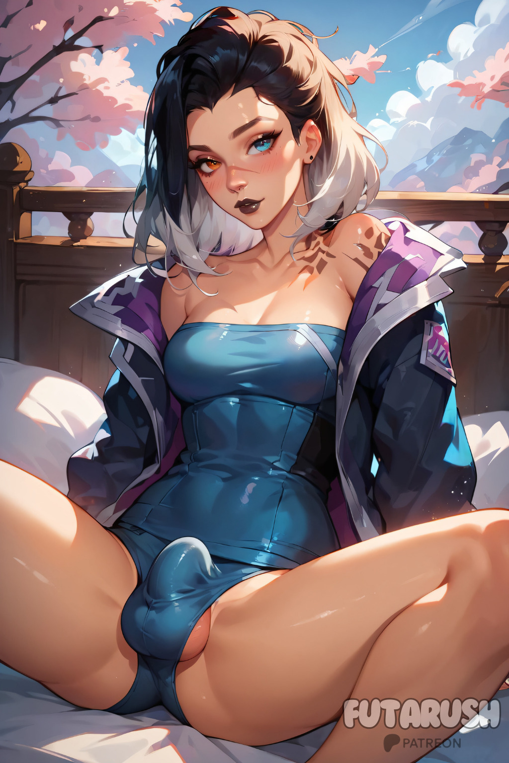 1futa ai_generated artist_name bulge bulge_through_clothing dickgirl fade_(valorant) futanari futarush gradient_hair multicolored_eyes multicolored_hair patreon patreon_username riot_games sultryspark valorant