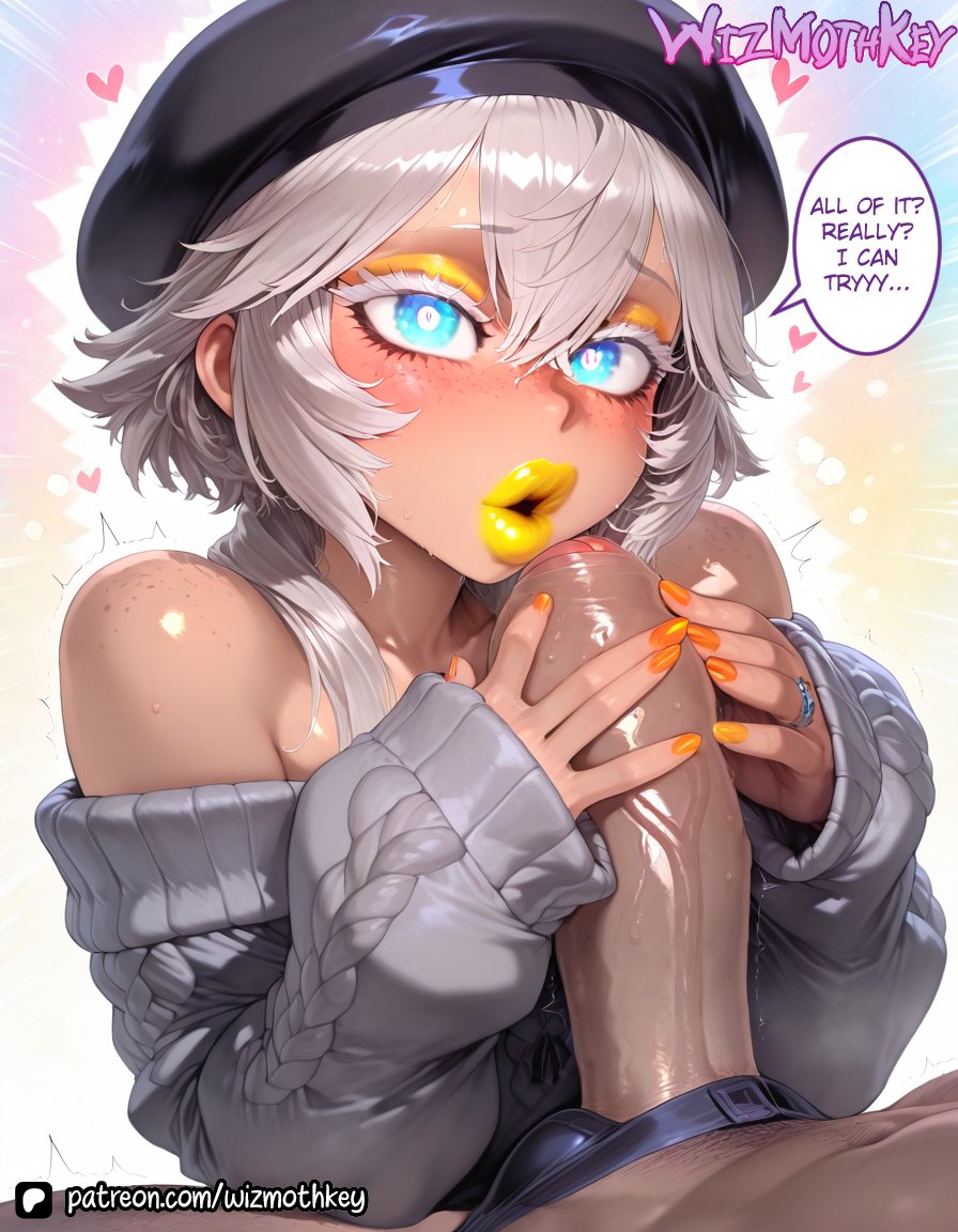 2boys ai_generated beret big_penis blue_eyes dialogue eyelashes eyeshadow femboy grey_hair lipstick nail_polish orange_nails penis puffy_lips sweater trap white_eyelashes wizmothkey yellow_eyeshadow yellow_lipstick