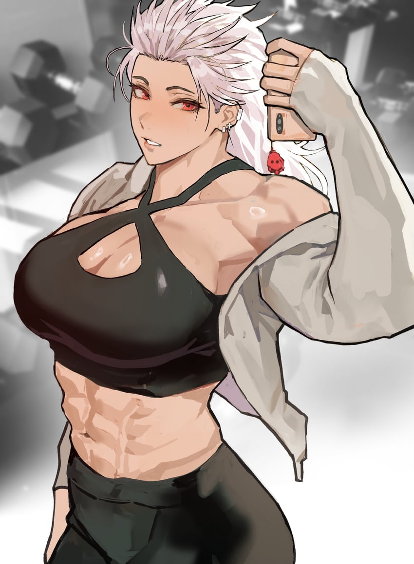 abs absurdres black_sports_bra breasts cellphone commentary cross cross_earrings dorohedoro ear_piercing earrings english_commentary female gym highres holding holding_phone jewelry long_hair midriff muscular muscular_female navel noi_(dorohedoro) pants park_ongjol phone piercing red_eyes shin_(dorohedoro) solo sports_bra thick_thighs white_hair yoga_pants