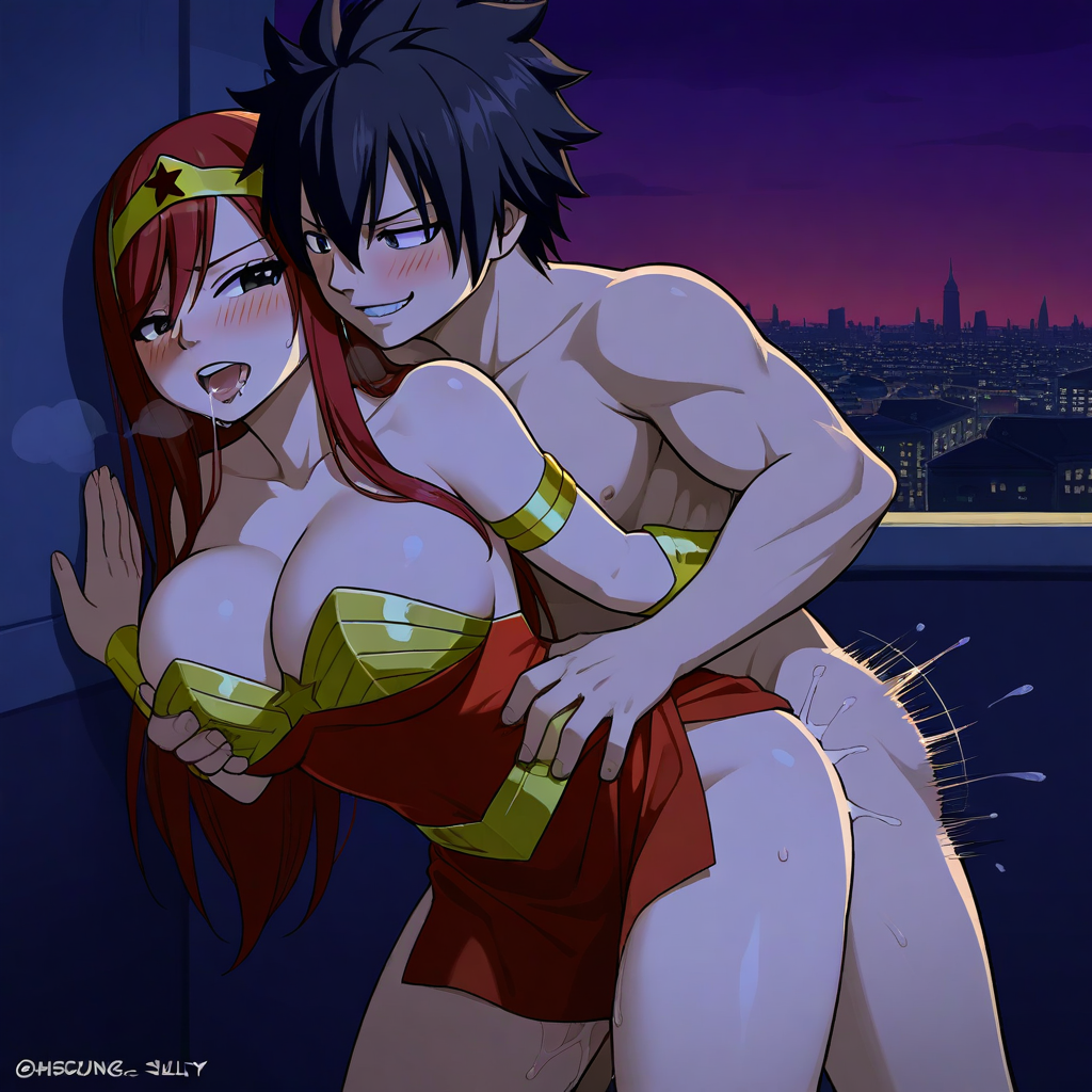 1boy 1girls ai_generated ass black_hair breasts city cosplay costume couple erza_scarlet fairy_tail gray_fullbuster red_hair sensual sexy wonder_woman