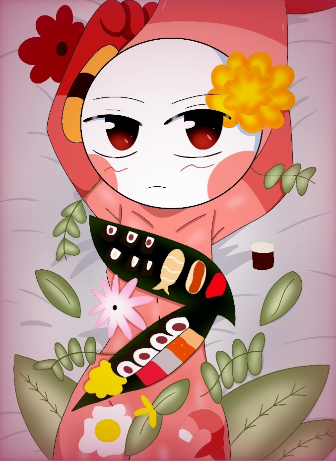 dandy's_world ecchi flower_on_head flowers foliage food_humanoid highres japanese laying_down lemon_waifu nude nyotaimori request roblox shrimpo_(dandy's_world) sushi