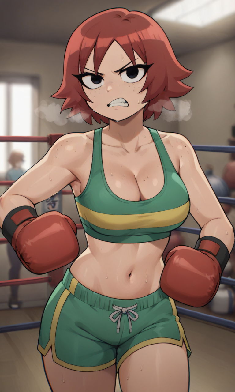 ai_generated ass bigmic145 black_eyes boxer boxing_gloves boxing_ring breasts cleavage crop_top dolphin_shorts eyeshadow female female_only freckles freckles_on_face kim_pine medium_breasts navel netflix red_hair scott_pilgrim scott_pilgrim_takes_off solo solo_female sweat sweatdrop sweating