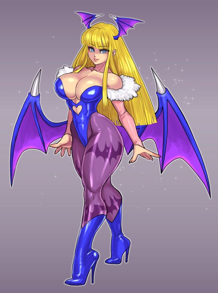 alternate_color blonde_hair blue_boots blue_high_heels blue_leotard blue_wings boots breasts cleavage darkstalkers demon_girl demon_wings female full_body grey_background head_wings high_heel_boots high_heels huge_breasts large_breasts leotard long_hair low_wings mature_female milf morrigan_aensland multiple_wings palette_swap pantyhose purple_pantyhose purple_wings seductive seductive_body seductive_eyes seductive_gaze seductive_look seductive_mouth seductive_pose seductive_smile simple_background solo tokisige wings