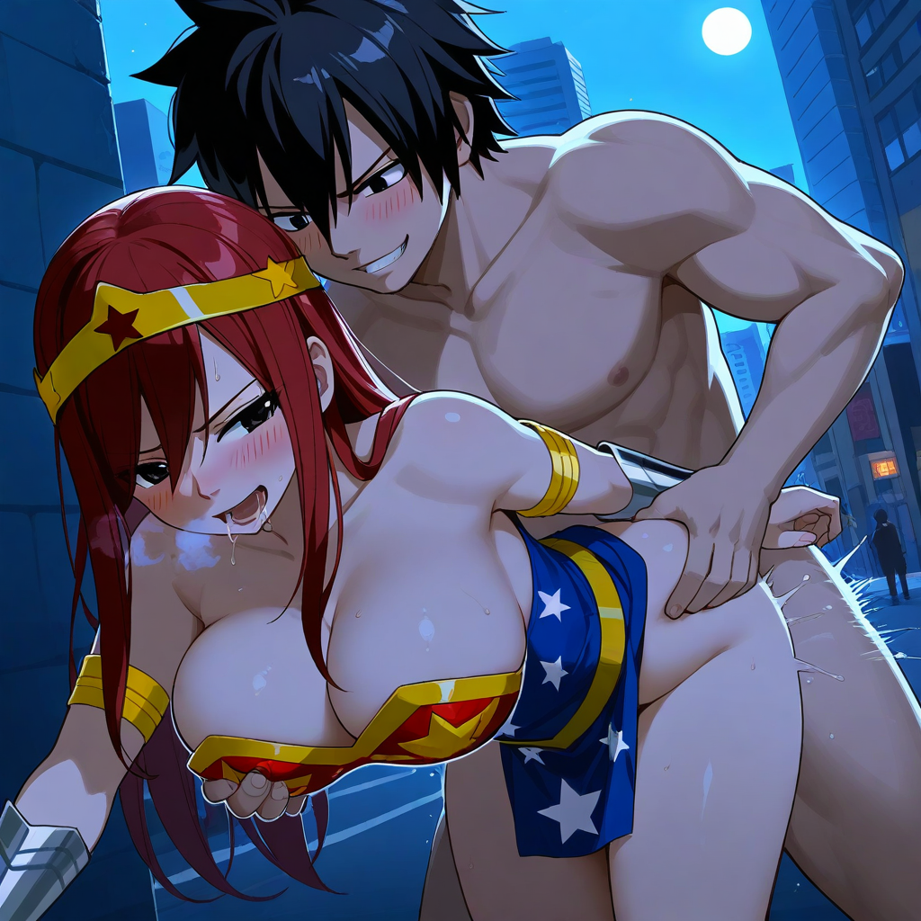 1boy 1girls ai_generated ass black_hair breasts city cosplay costume couple erza_scarlet fairy_tail gray_fullbuster red_hair sensual sexy wonder_woman