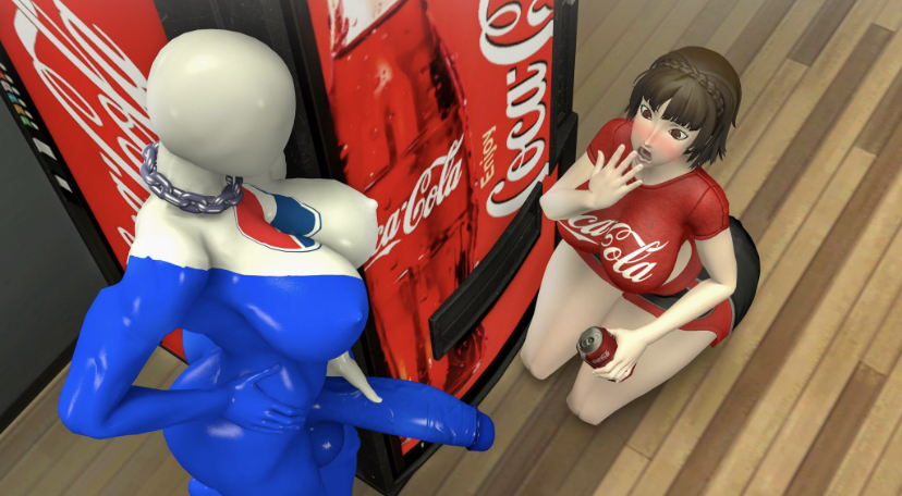 3d atlus big_breasts blue_penis blush futa_on_female futanari intersex large_penis makoto_niijima muscular_female penis_awe pepsiwoman person persona persona_5 shirtless soda suprised theboobedone vending_machine