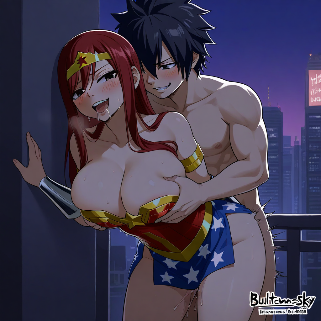 1boy 1girls ai_generated ass black_hair breasts city cosplay costume couple erza_scarlet fairy_tail gray_fullbuster red_hair sensual sexy wonder_woman