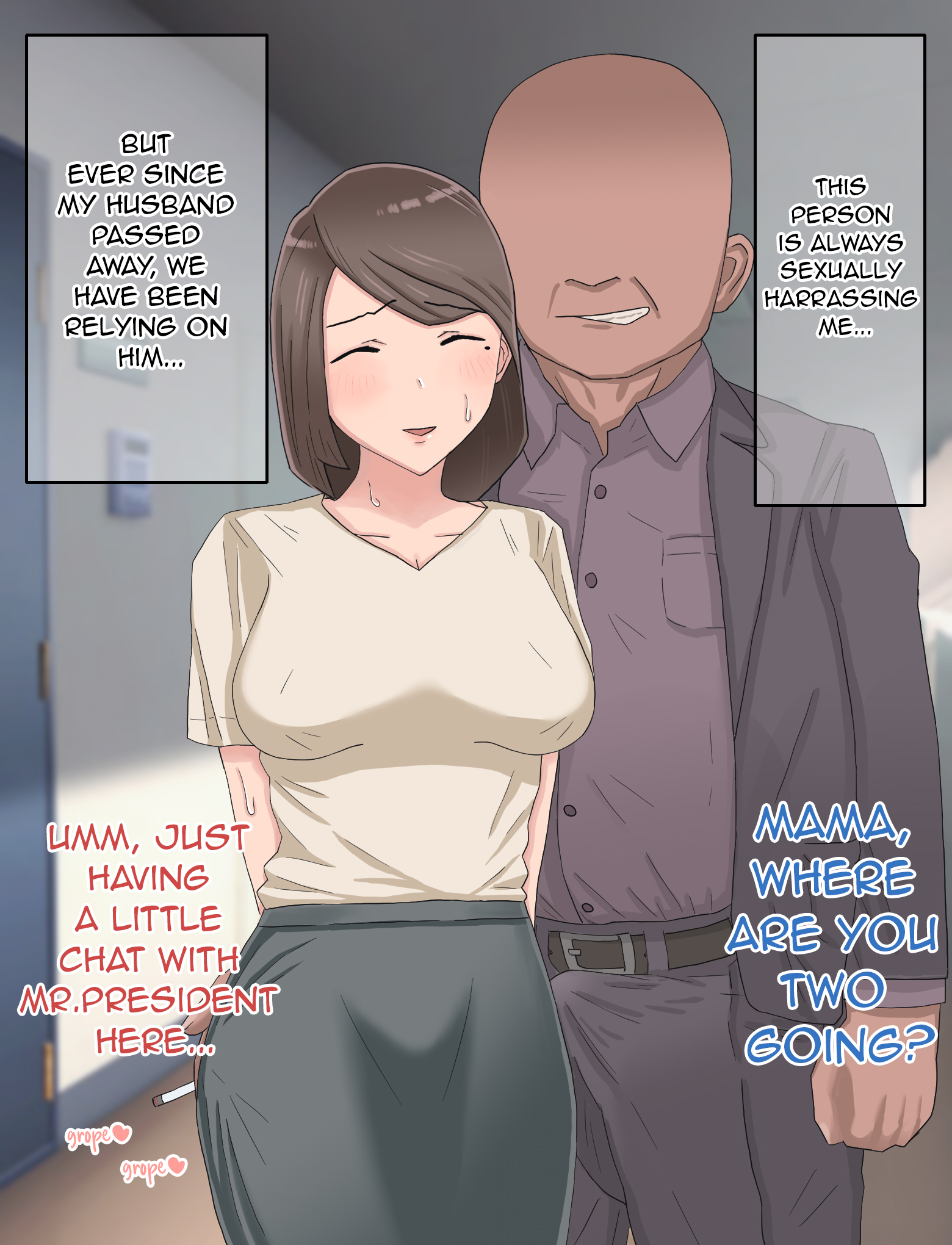 1boy, 1girls, english text, female, hard translated, male, motherly cuckold, netorare, original, original character, translated