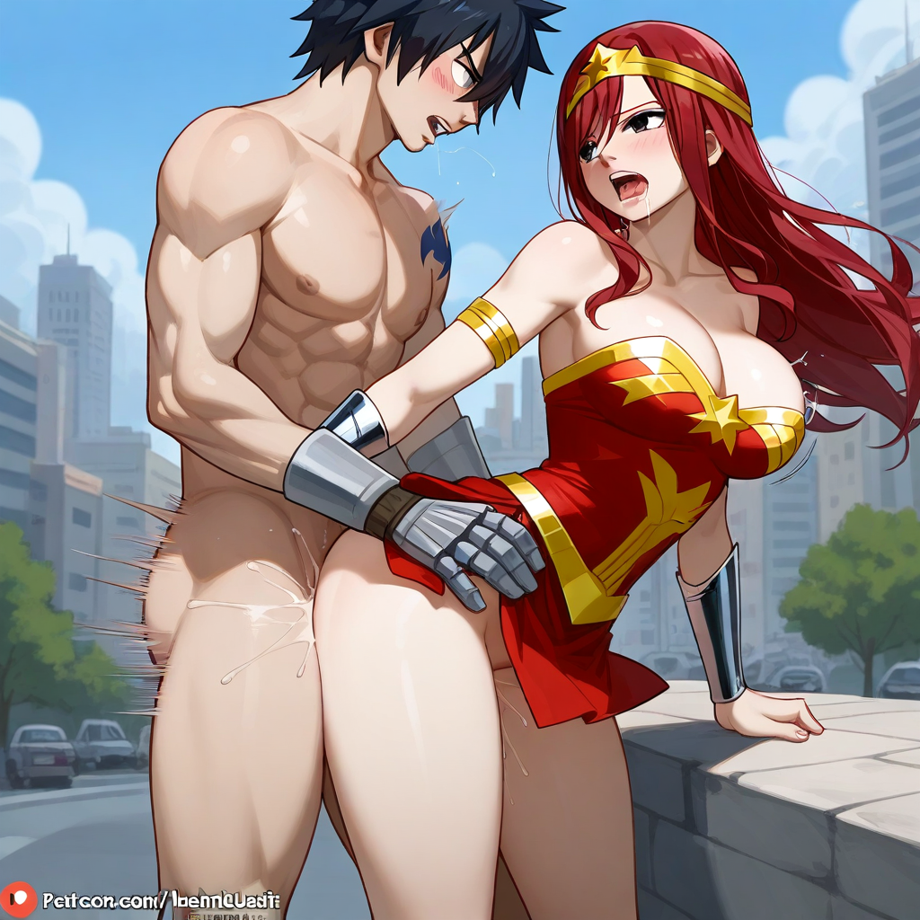 1boy 1girls ai_generated ass black_hair breasts city cosplay costume couple erza_scarlet fairy_tail gray_fullbuster red_hair sensual sexy wonder_woman