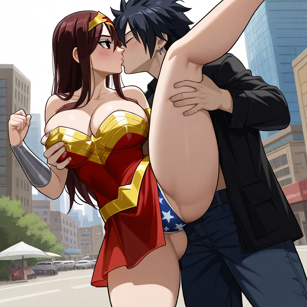 1boy 1girls ai_generated ass black_hair breasts city cosplay costume couple erza_scarlet fairy_tail gray_fullbuster red_hair sensual sexy wonder_woman