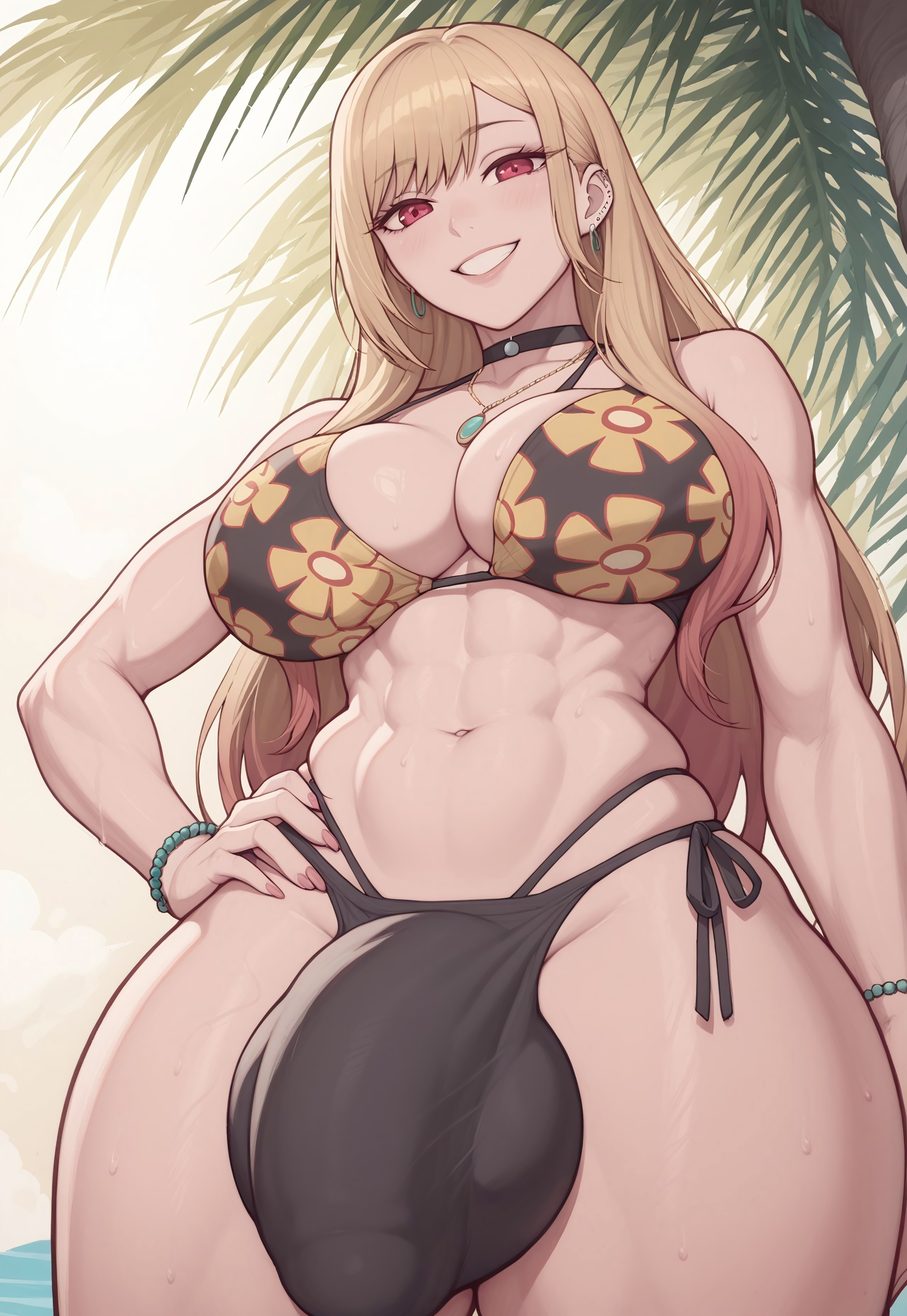 1futa, abs, ai generated, balls, beach, big breasts, big penis, bikini, blonde hair, breasts, bulge under clothes, choker, fit, fit futa, futa only, futanari, hand on hip, intersex, kitagawa marin, large balls, large breasts, large penis, light skin, light-skinned futa, looking at viewer, low-angle view, navel, outdoors, palm tree, penis, penis in panties, red eyes, self upload, smiling, sono bisque doll wa koi wo suru, spartan25