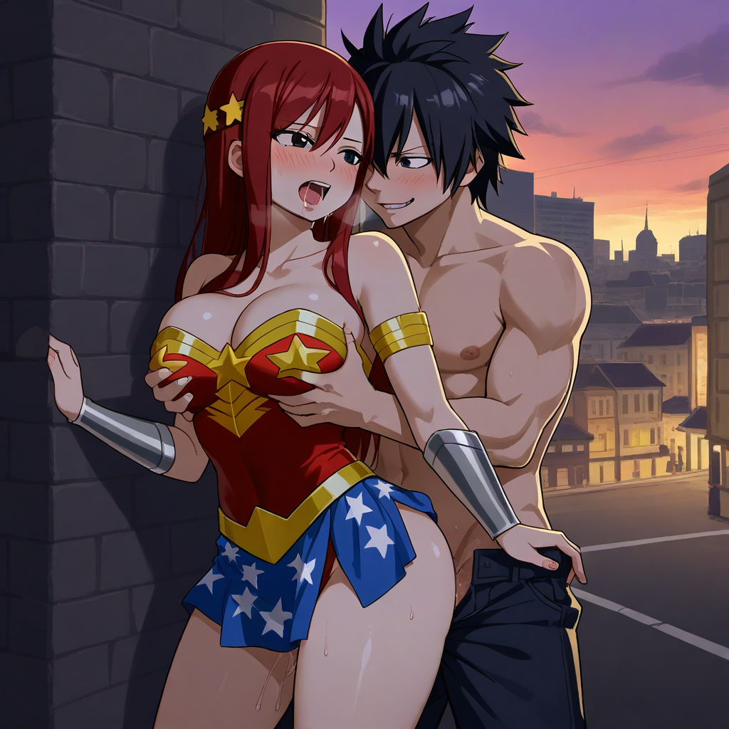 1boy 1girls ai_generated ass black_hair breasts city cosplay costume couple erza_scarlet fairy_tail gray_fullbuster red_hair sensual sexy wonder_woman