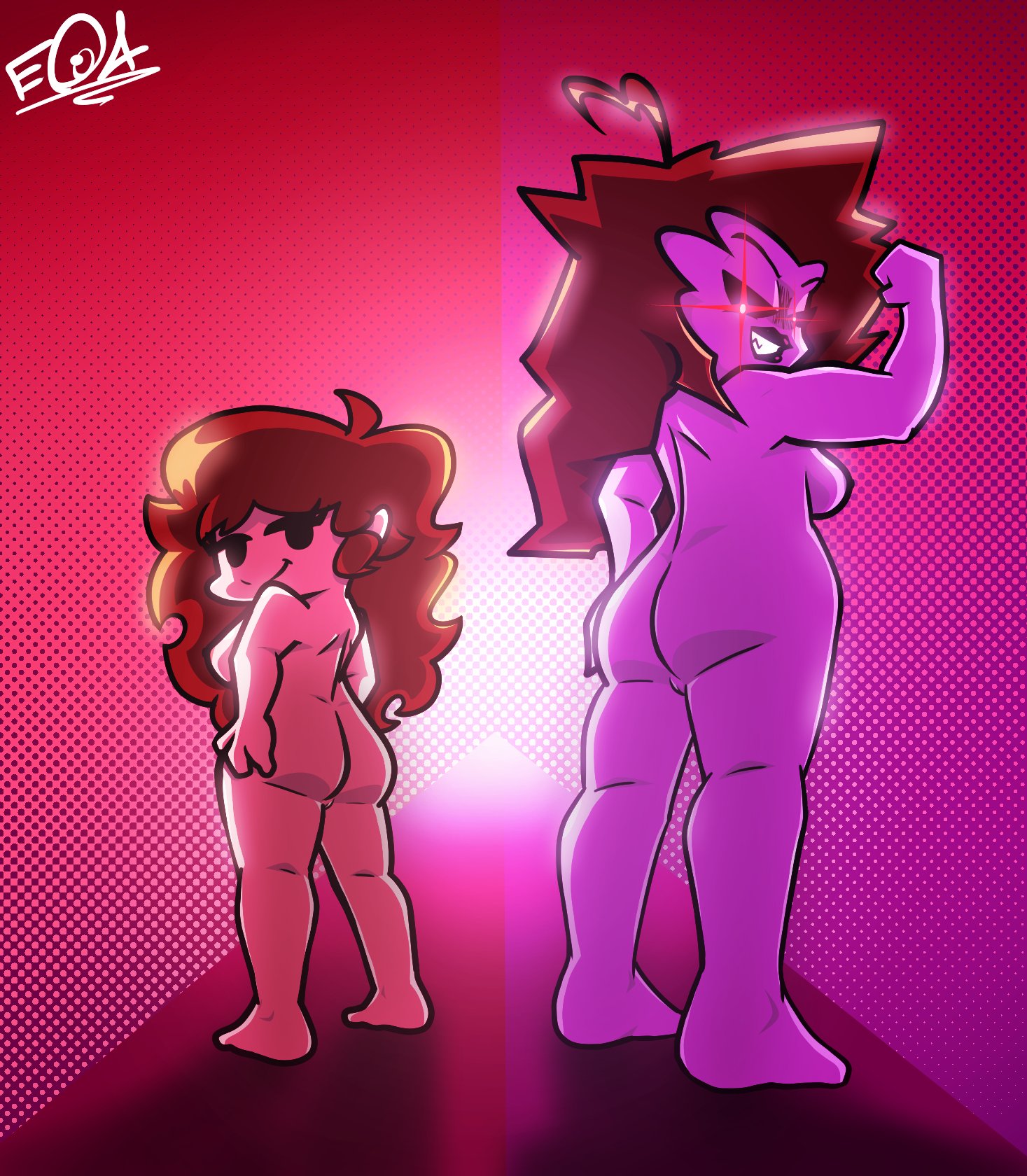 2girls, areolae, artist signature, ass, auburn hair, back view, barefoot, big ass, breasts, brown hair, completely nude, estudiomega, feet, female, female only, friday night funkin, full body, girlfriend (friday night funkin), long hair, looking at viewer, milf, mommy mearest, mother and daughter, naked, naked female, nude, nude female, pussy, sideboob, smile, standing