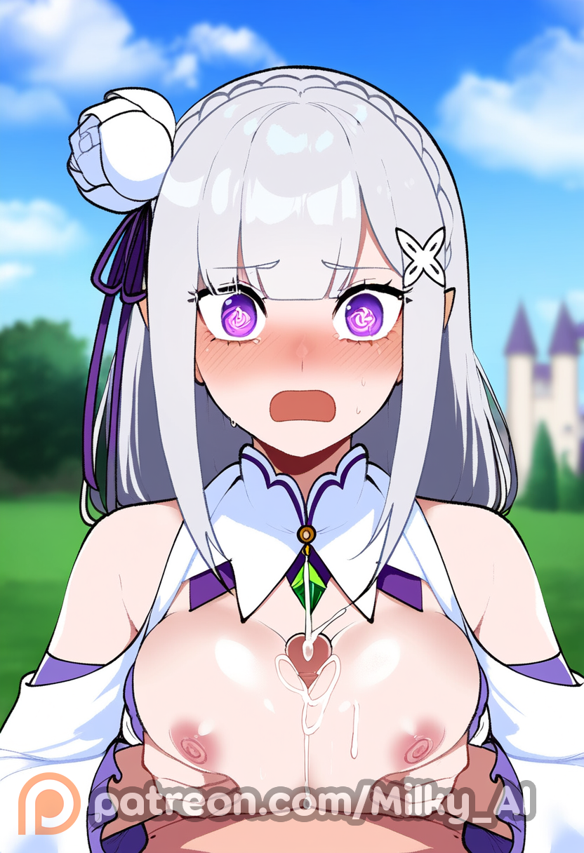 1boy 1girl ai_generated cum cum_on_breasts embarrassed embarrassed_female emilia_(re:zero) gloves long_hair milky_ai natsuki_subaru nipples paizuri portrait public public_nudity public_sex purple_eyes re:zero_kara_hajimeru_isekai_seikatsu sex small_breasts straight wedding_dress white_hair