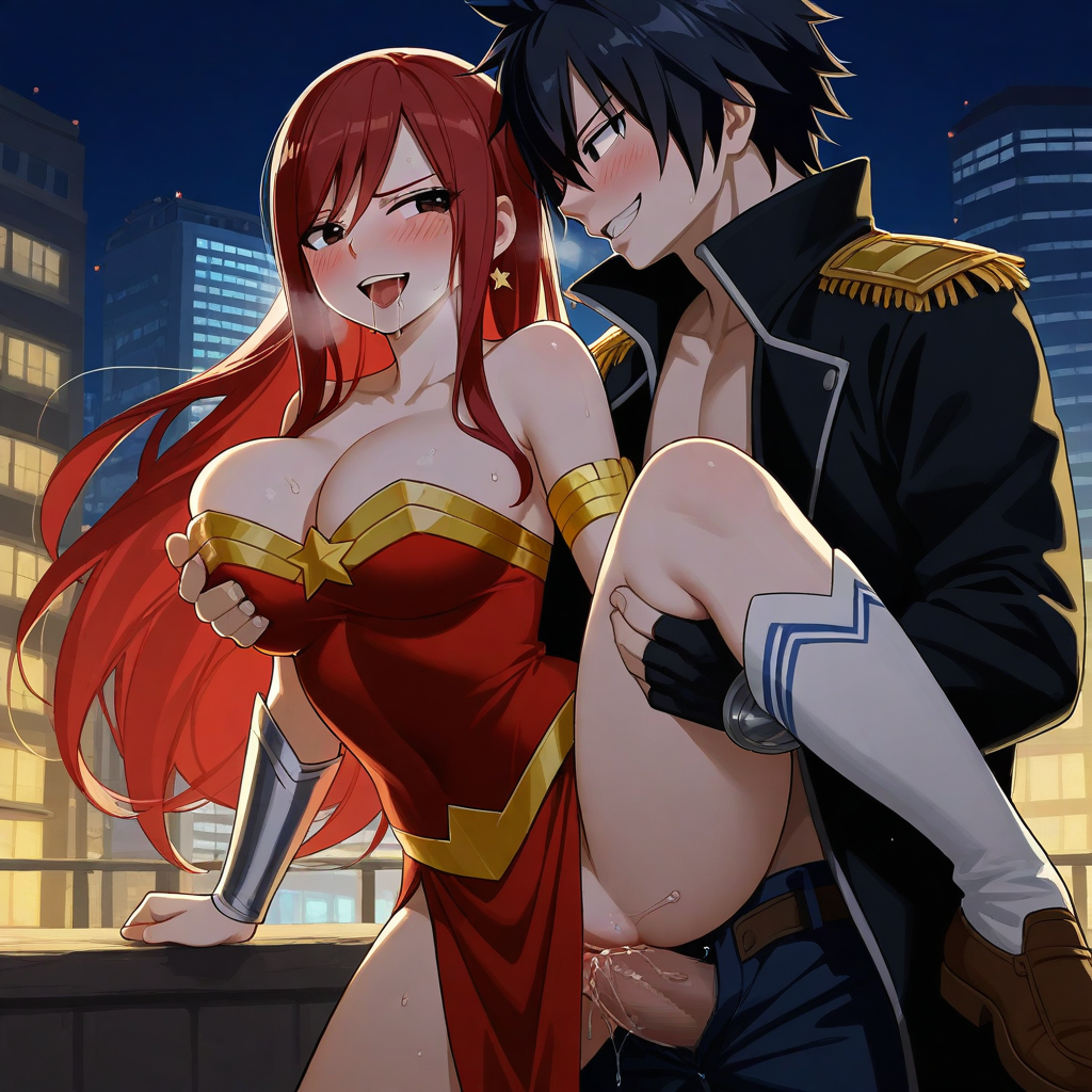 1boy 1girls ai_generated ass black_hair breasts city cosplay costume couple erza_scarlet fairy_tail gray_fullbuster red_hair sensual sexy wonder_woman