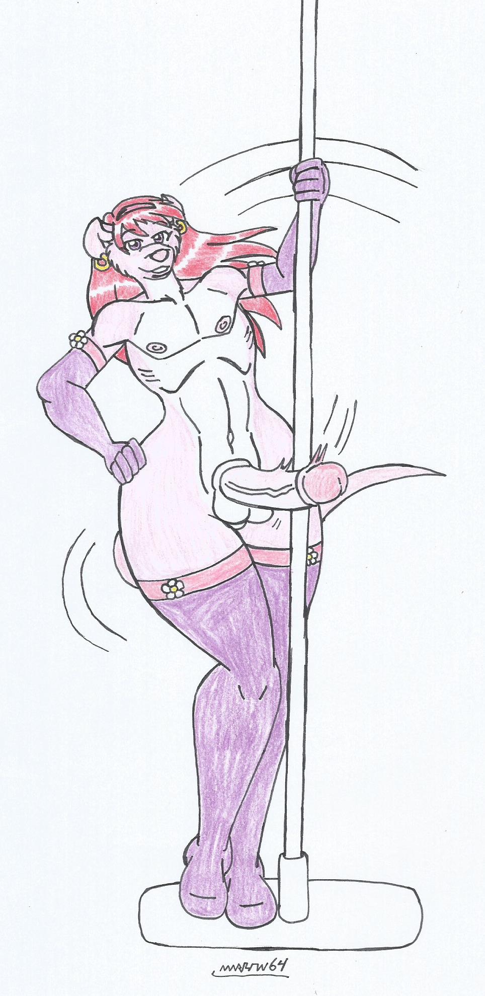 anthro earrings femboy furry ginger_hair hairbow hand_on_hip high_heel_boots long_boots long_gloves long_hair looking_at_viewer marlon64 naked_boots naked_femboy naked_gloves pink_body pink_fur pole_dance pole_dancing purple_eyes rat_boy rat_humanoid red_hair rose_mice_(waifuland) smiling_at_viewer solo_femboy traditional_drawing_(artwork) waifuland white_background white_fur