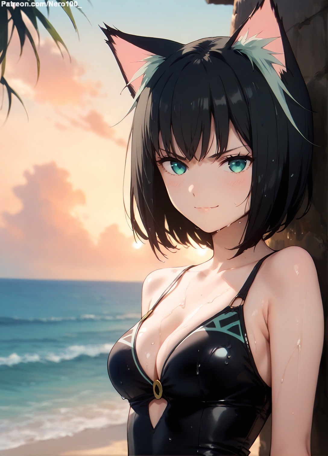 1girls 2d ai_generated ass athletic athletic_female bare_shoulders beach belly black_hair cat_ears cat_girl cat_tail chest cleavage curvy curvy_figure cute cute_face detailed eyelashes eyeshadow female female_only fit fit_female focus green_eyes high_leg_leotard high_quality hips isekai_shikkaku legs light-skinned_female light_skin lips lipstick looking_at_viewer makeup mascara medium_breats medium_hair midriff navel nero100 one-piece_swimsuit outdoors pale-skinned_female pale_skin perky_breasts petite_ petite_body posing seductive seductive_look serious serious_face short_hair skinny skinny_girl slim stable_diffusion swimsuit swimwear tama_(isekai_shikkaku) teenager thighs thin_waist wet