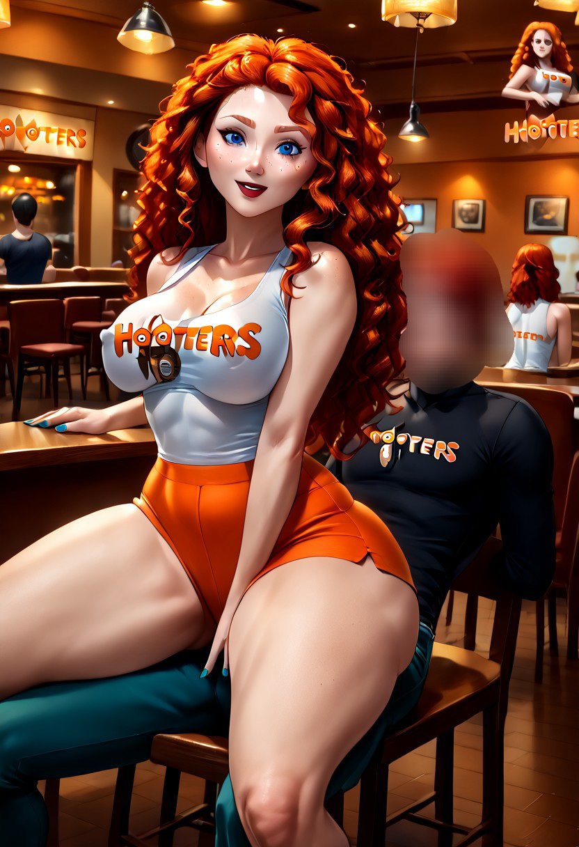 1boy1girl ai_generated aqua_nail_polish big_breasts big_butt blue_eyes blush booty_shorts brave censored_face curly_hair curvy disney disney_princess erect_nipples eyelashes faceless_male freckles_on_face hand_on_crotch hooters hooters_logo hooters_uniform innuendo legs light-skinned_female light_skin looking_at_viewer merida naughty_face orange_shorts owl_logo pixar public red_hair red_lipstick restaurant short_shorts sitting_on_crotch sitting_on_male spread straddle teeth_visible thick_thighs upright white_top wide_hips zoolt