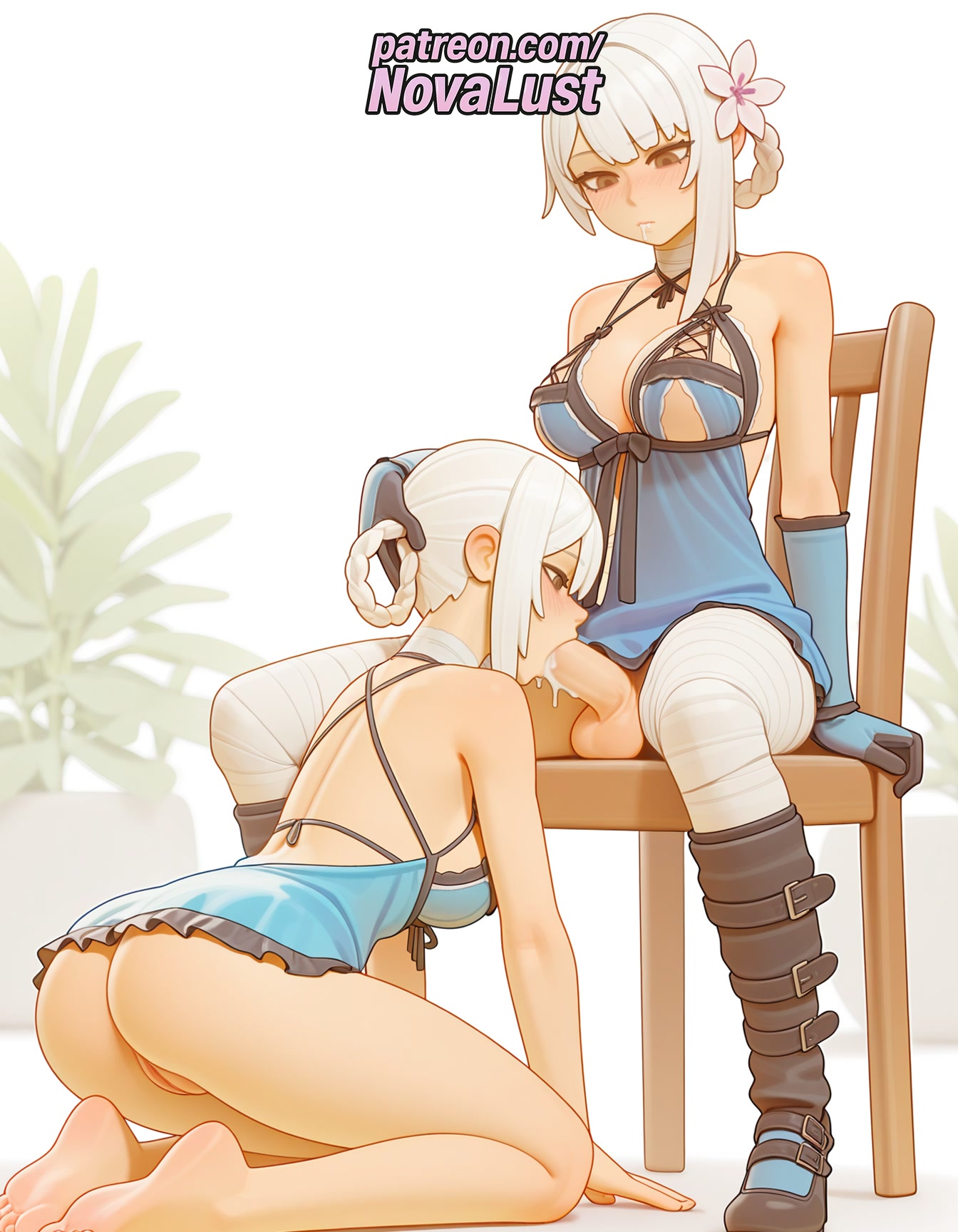 1futa, 2026, 2girls, ai generated, artist name, ass, bandages, barefoot, blowjob, blowjob face, braid, breasts, bust, chest, cock, dick, feet, fellatio, flower, futanari, hair flower, hair ornament, hi res, high quality, high resolution, highres, kaine (nier), licking, multiple girls, negligee, nier, nier (series), nier: automata, novalust, oral, oral sex, palm tree, patreon, patreon username, penis, plant, potted plant, sitting, soles, stable diffusion, sucking, testicles, toes, uncensored, watermark, white hair