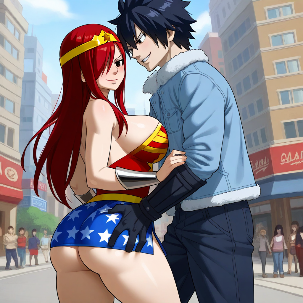 1boy 1girls ai_generated ass black_hair breasts city cosplay costume couple erza_scarlet fairy_tail gray_fullbuster red_hair sensual sexy wonder_woman