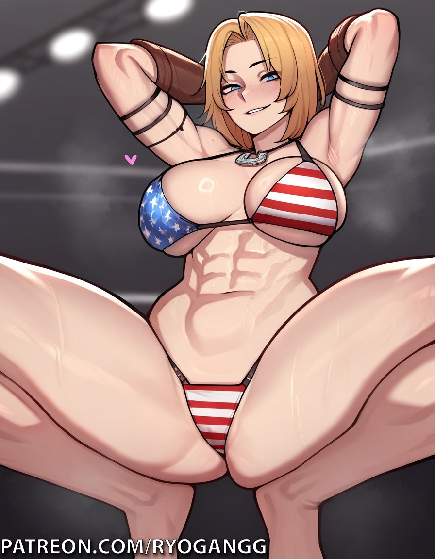 1girls 2d ai_generated american_flag_bikini arms_behind_head big_breasts big_breasts big_breasts bikini blonde_hair blue_eyes cowboy_hat dead_or_alive female revealing ryogangg short_hair spread_legs tina_armstrong