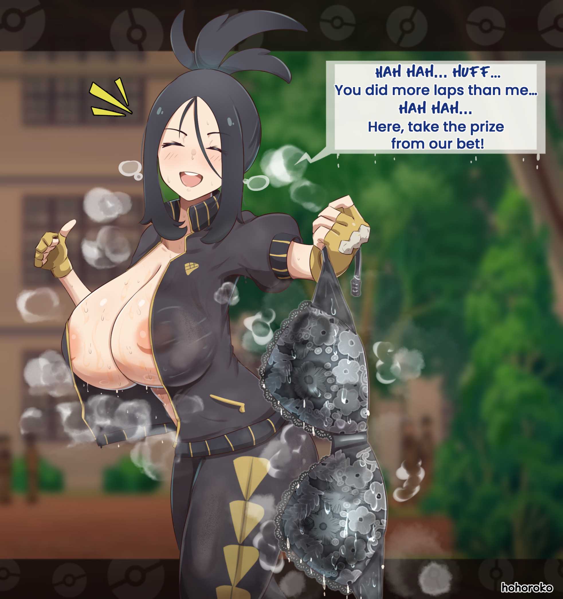 alternate_breast_size black_hair bra closed_eyes dendra_(pokemon) english_text happy hohoroko huge_breasts pokemon pokemon_sv sweat sweatdrop sweating