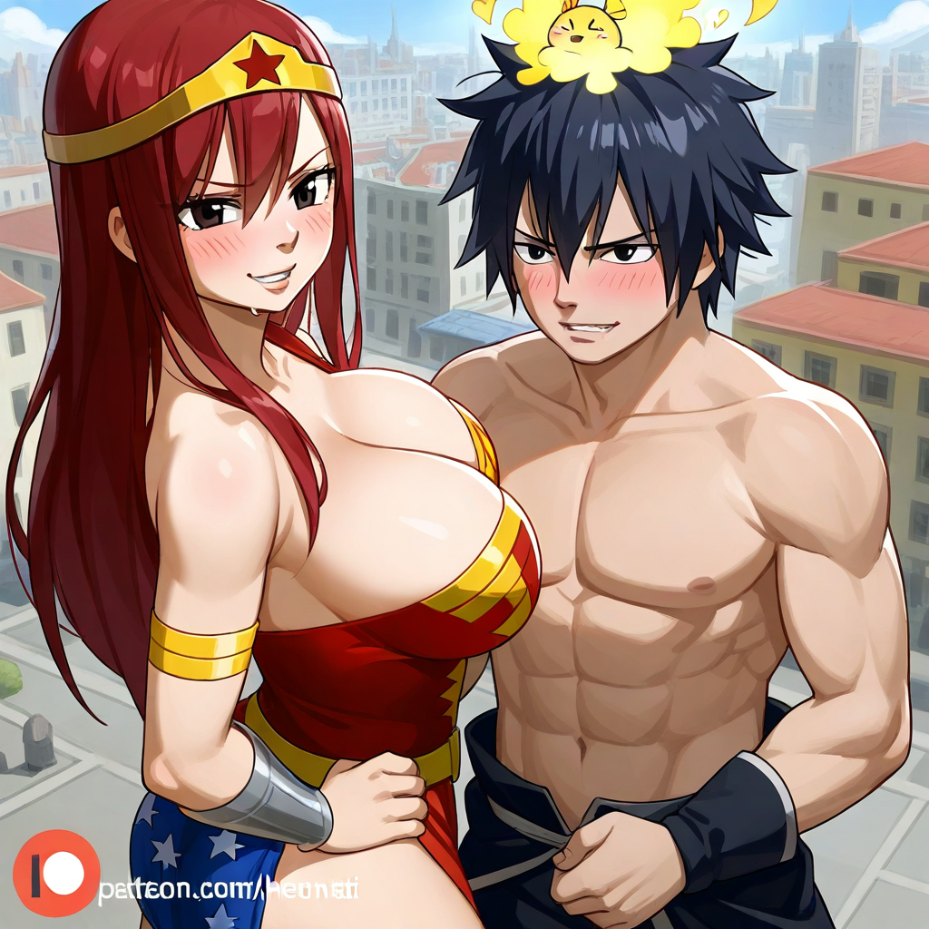 1boy 1girls ai_generated ass black_hair breasts city cosplay costume couple erza_scarlet fairy_tail gray_fullbuster red_hair sensual sexy wonder_woman