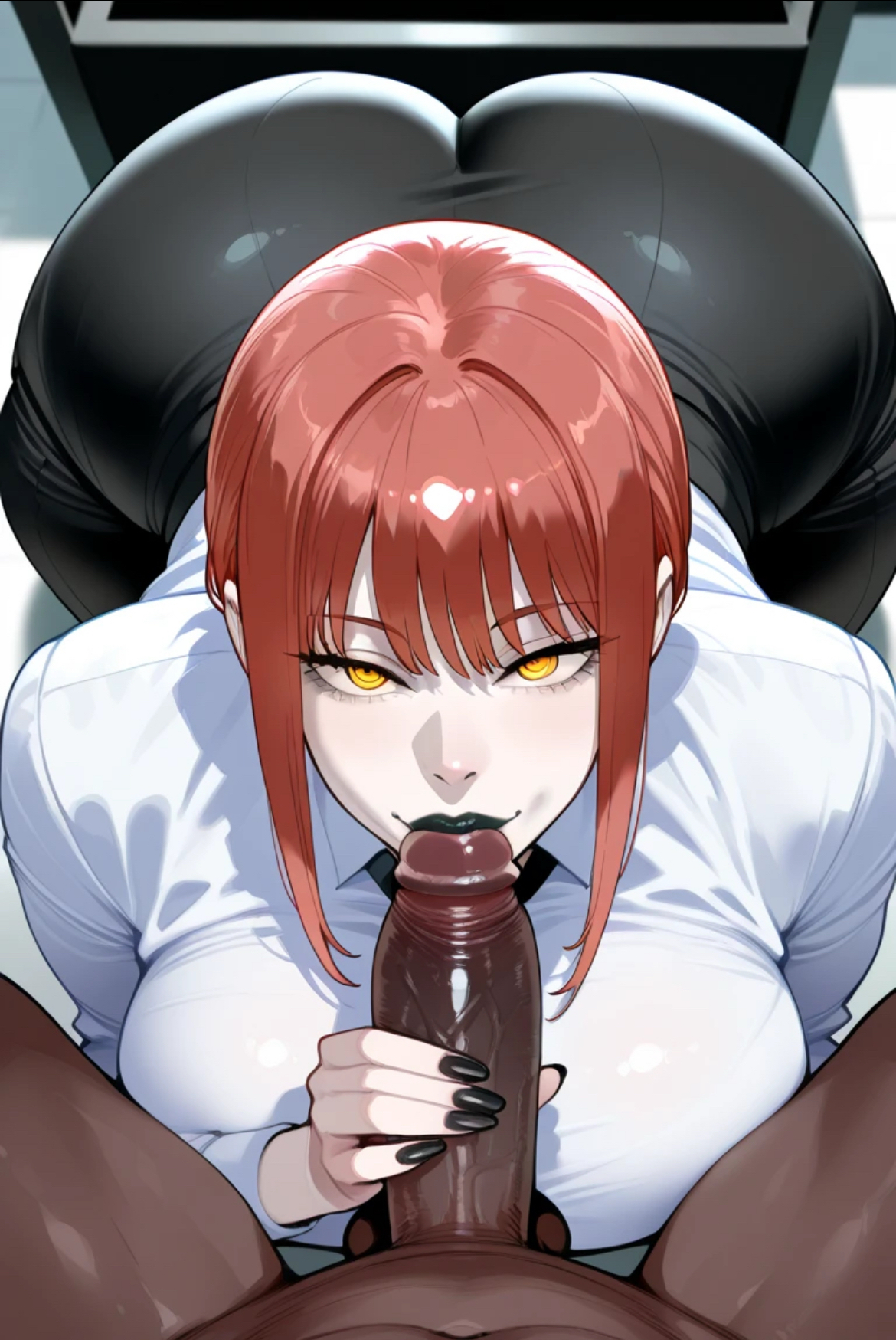 1boy, 1girls, ai generated, ass, astrawaifu, big ass, big butt, big penis, blowjob, chainsaw man, dark skin, dark-skinned male, female, interracial, large ass, light skin, light-skinned female, looking at viewer, makima (chainsaw man), male, office lady, pale skin, pale-skinned female, penis, pov, red hair, yellow eyes