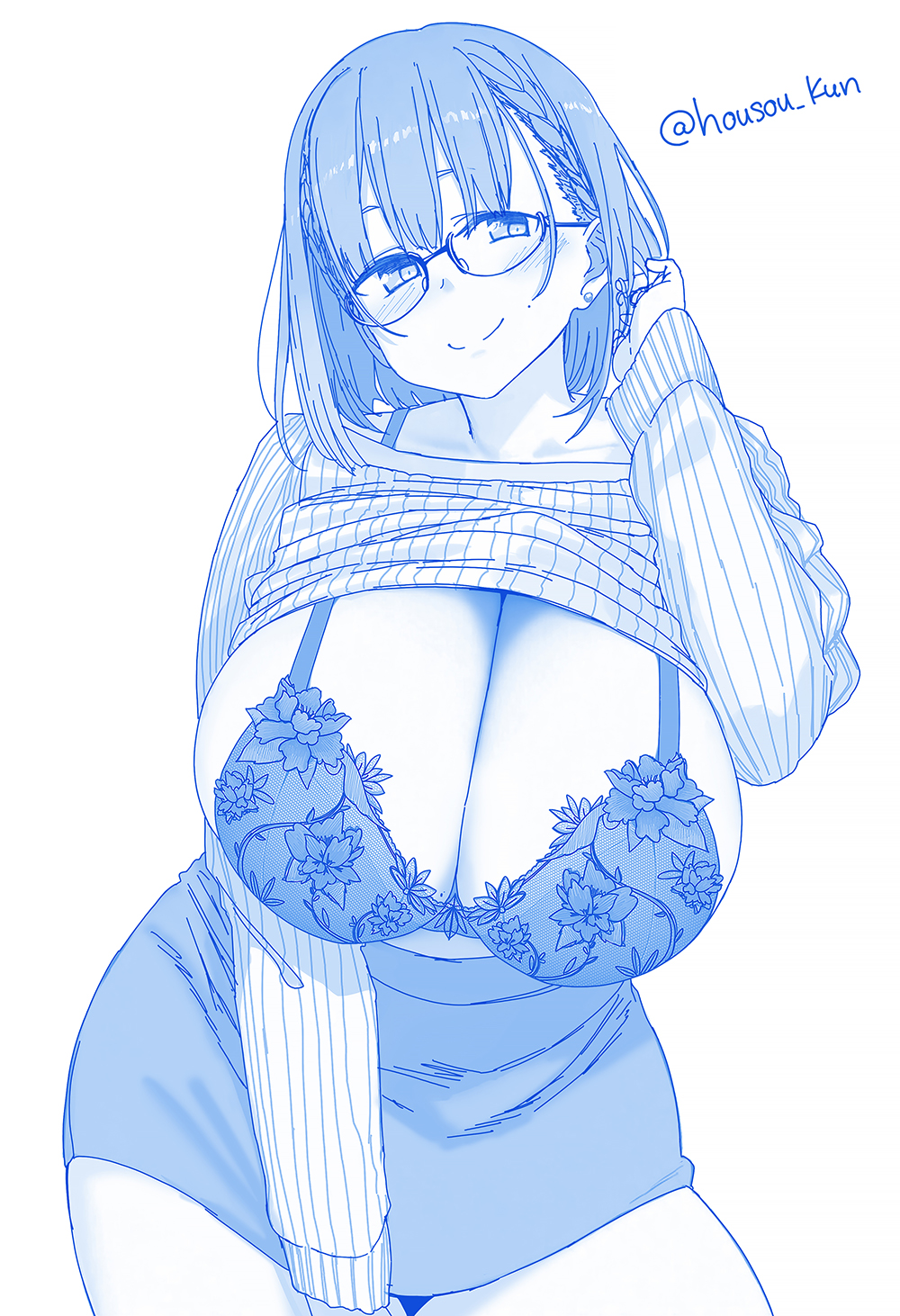 ai-chan_(tawawa) artist_name blue_theme blush bra braid breasts breasts_out closed_mouth clothes_lift collarbone cowboy_shot earrings female getsuyoubi_no_tawawa glasses hair_between_eyes hand_up head_tilt highres himura_kiseki_(style) housou-kun huge_breasts jewelry lingerie lingerie_bra long_hair long_sleeves looking_at_viewer mole mole_on_cheek monochrome ribbed_sweater semi-rimless_eyewear short_hair side_braids simple_background smile solo stud_earrings sweater sweater_lift twitter_username under-rim_eyewear white_background