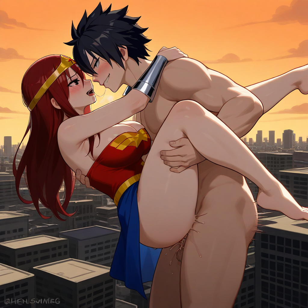 1boy 1girl ai_generated ass black_hair breasts city cosplay costume couple erza_scarlet fairy_tail gray_fullbuster red_hair sensual sexy wonder_woman