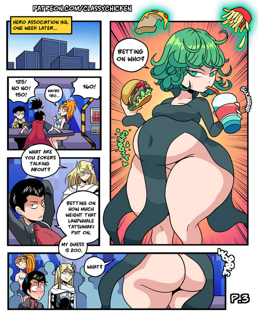 2boys, 2girls, ass, betting, big breasts, breasts, classychicken34, comic, comic page, eating, eating food, english text, fat, fat ass, fat belly, female, green eyes, green hair, huge ass, huge belly, huge thighs, male, metal bat, one-punch man, patreon url, tatsumaki, text bubble, tsundere, weight gain sequence, wobble
