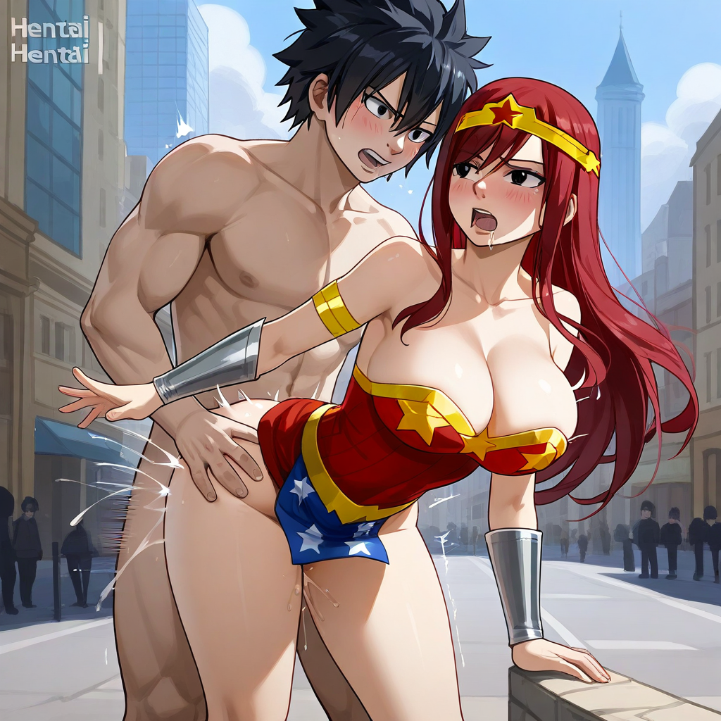 1boy 1girl ai_generated ass black_hair breasts city cosplay costume couple erza_scarlet fairy_tail gray_fullbuster red_hair sensual sexy wonder_woman