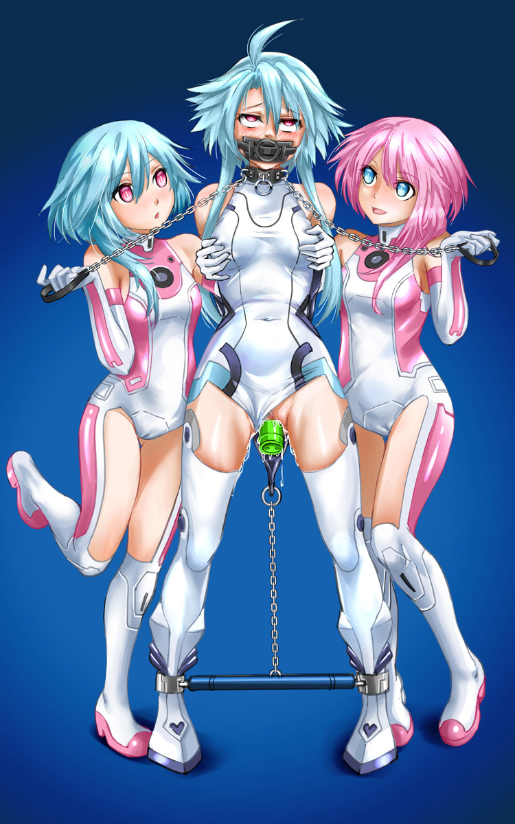 2d 3girls ahoge albyee ankle_cuffs armbinder arms_behind_back blanc_(neptunia) blue_background blue_eyes blue_hair blue_hair_female bondage bound bound_ankles bound_arms breasts censored censored_pussy chain_leash chains choujigen_game_neptune collar covered_pussy dildo elbow_gloves femdom full_body gag gagged gloves highres holding holding_leash leash leotard mosaic_censoring multiple_girls neptune_(series) object_insertion pink_eyes pink_eyes_female pink_hair pink_hair_female pussy_juice ram_(neptunia) red_eyes rom_(neptunia) sex_toy short_hair_with_long_locks siblings simple_background sisters small_breasts spreader_bar standing standing_on_one_leg thighhighs vaginal_object_insertion vaginal_penetration white_gloves white_heart_(neptunia) white_leotard white_sister_ram white_sister_rom white_thighhighs