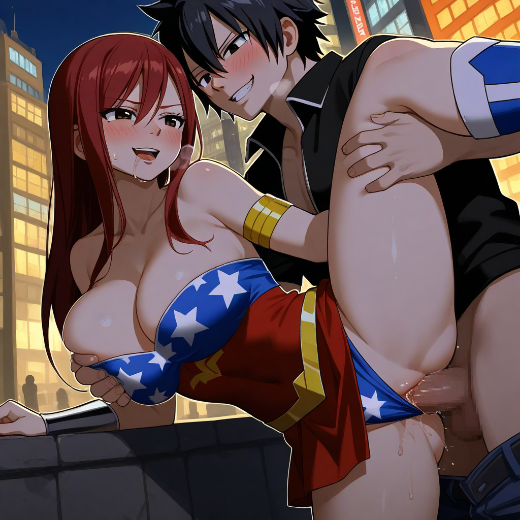 1boy 1girls ai_generated ass black_hair breasts city cosplay costume couple erza_scarlet fairy_tail gray_fullbuster red_hair sensual sexy wonder_woman