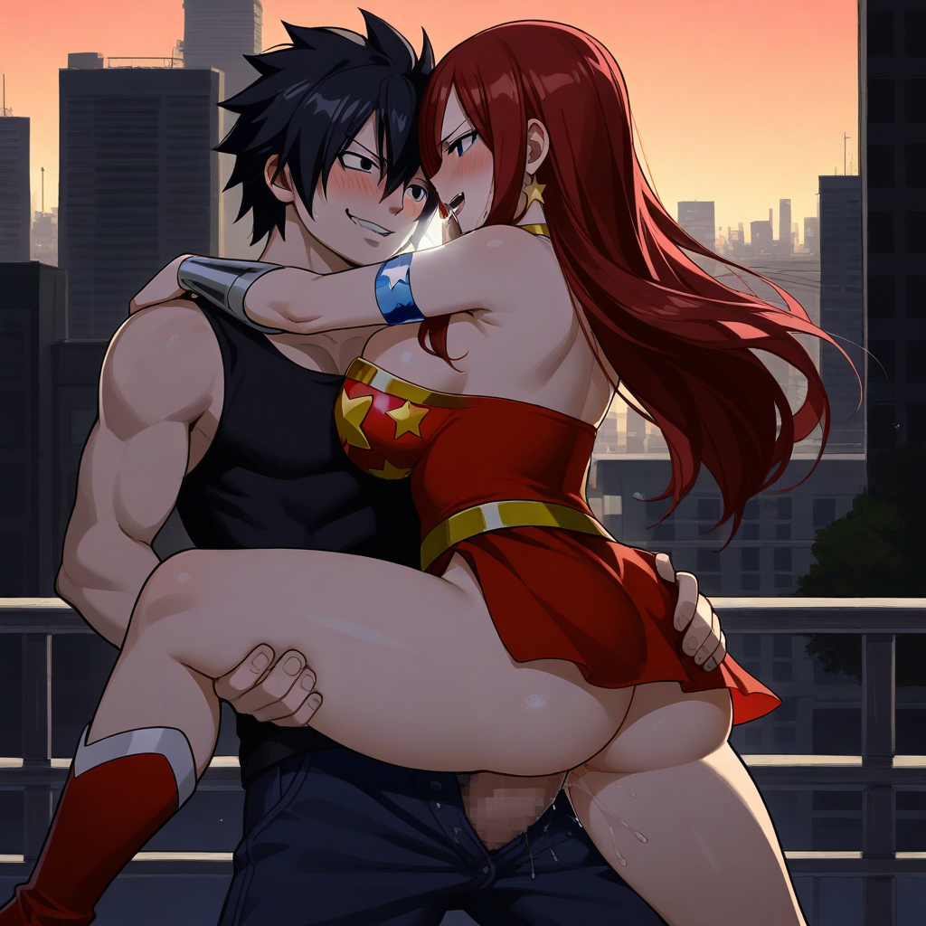 1boy 1girl ai_generated ass black_hair breasts city cosplay costume couple erza_scarlet fairy_tail gray_fullbuster red_hair sensual sexy wonder_woman