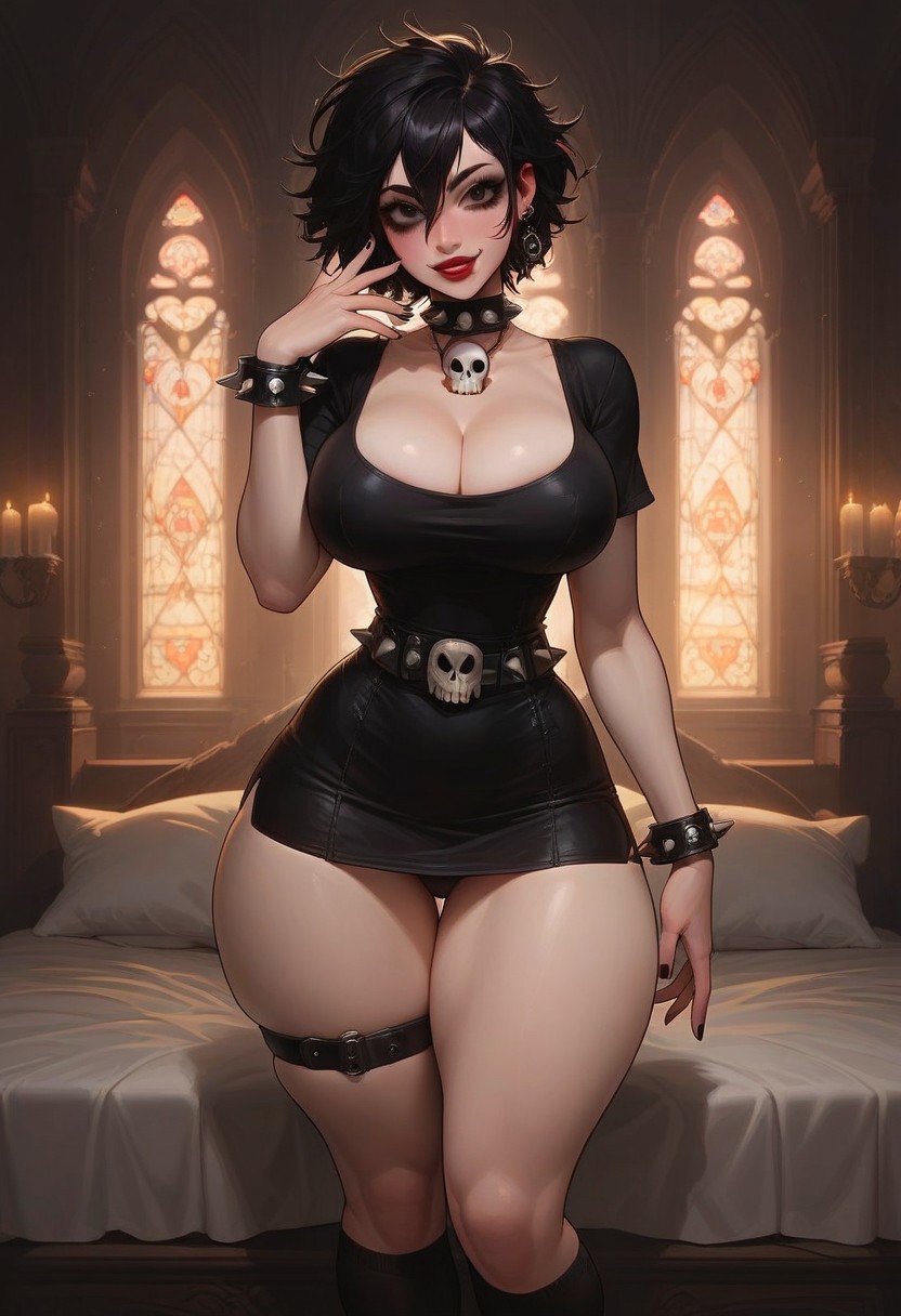 1girls ai_generated belt big_ass black_hair black_nails blush bracelet civitai cleavage collar curvy dress earrings goth goth_girl hair_between_eyes huge_ass huge_breasts lipstick looking_at_viewer makeup mamely32 original original_character pale-skinned_female pale_skin short_hair short_sleeves skull smile socks solo spiked_collar spikes thick_thighs underwear wide_hips