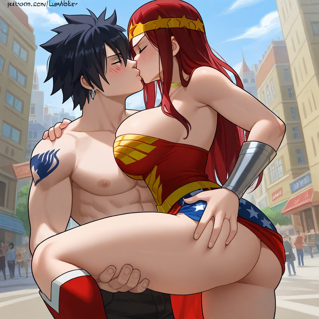 1boy 1girls ai_generated ass black_hair breasts city cosplay costume couple erza_scarlet fairy_tail gray_fullbuster red_hair sensual sexy wonder_woman