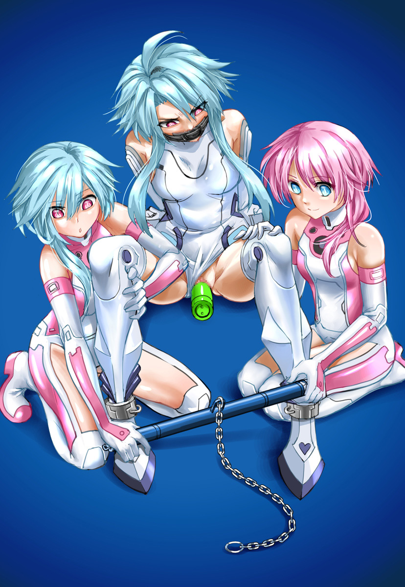 2d 3girls ahoge albyee ankle_cuffs arms_behind_back blanc_(neptunia) blue_background blue_eyes blue_hair blue_hair_female bondage breasts censored censored_pussy choujigen_game_neptune covered_pussy dildo elbow_gloves femdom full_body gag gagged gloves highres leotard mosaic_censoring multiple_girls neptune_(series) object_insertion pink_eyes pink_eyes_female pink_hair pink_hair_female ram_(neptunia) red_eyes rom_(neptunia) seiza sex_toy short_hair_with_long_locks siblings simple_background sisters sitting small_breasts spreader_bar thighhighs vaginal_object_insertion vaginal_penetration white_gloves white_heart_(neptunia) white_leotard white_sister_ram white_sister_rom white_thighhighs