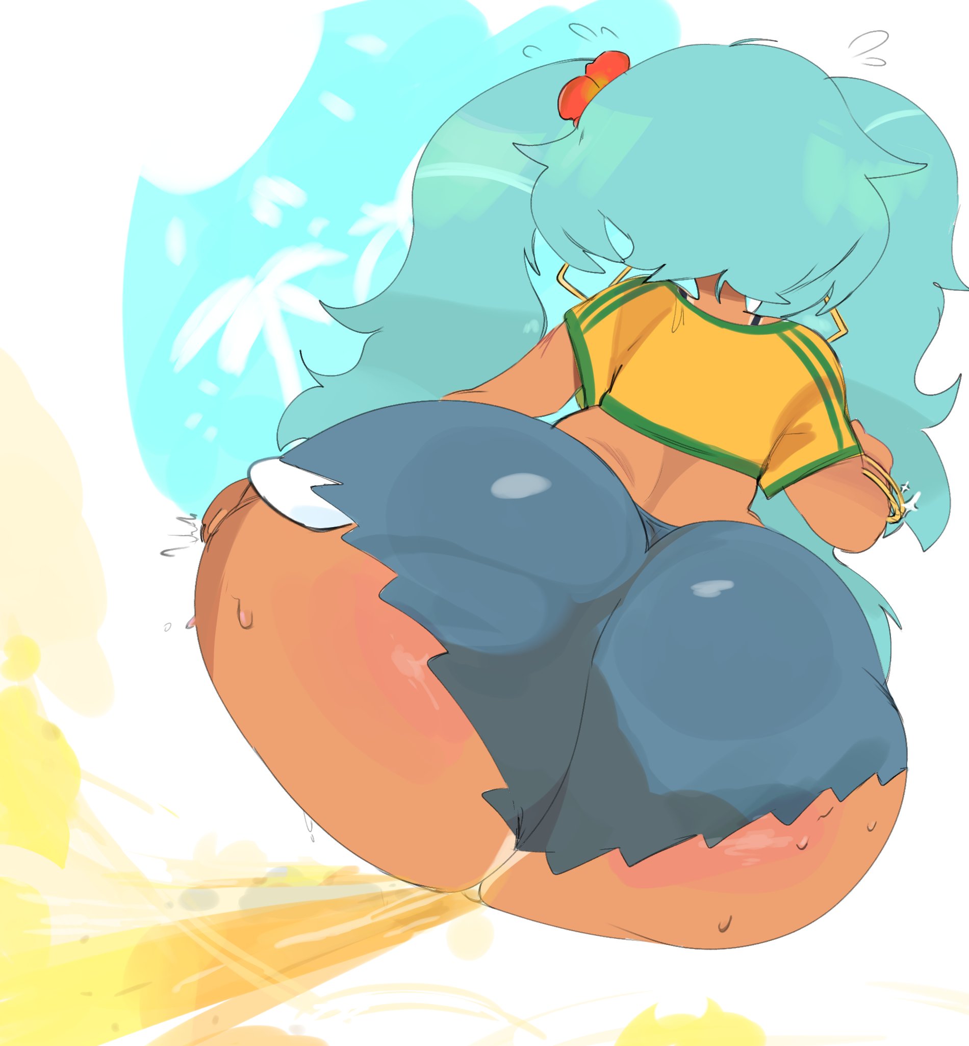 1girl, 1girls, aqua hair, ass, ass focus, big ass, blue hair, bracelet, brazil, brazilian, brazilian female, brazilian miku, dark skin, dark-skinned female, denim, earrings, fart, female, from behind, hair ornament, hatsune miku, huge ass, iiikodo, jewelry, latina, long hair, novacartridge (artist), shorts, solo, thick thighs, twintails, vocaloid, wide hips