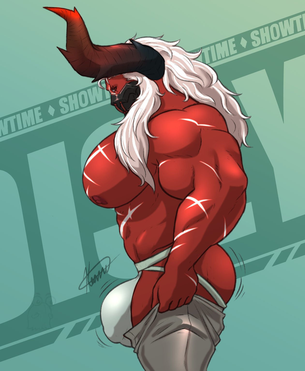 abs bara barawulf barawulf_nsfw biceps big_balls big_bulge big_penis bulge demon demon_horns devil devil_horns dislyte erection horns jiang_jiuli_(dislyte) jockstrap male male_nipples male_only manly meme muscular_male nipples pecs penis_outline red_body red_skin tight_pants_(meme) underwear