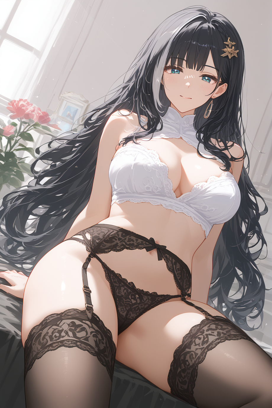 1female 1girls ai_generated baizhi_(wuthering_waves) bed bedroom big_breasts breasts commentary_request english_commentary female female_only hi_res highres light-skinned_female light_skin lingerie looking_at_viewer mixed-language_commentary mommy panties sitting sitting_on_bed solo solo_female very_high_resolution very_long_hair very_long_hair_female wuthering_waves