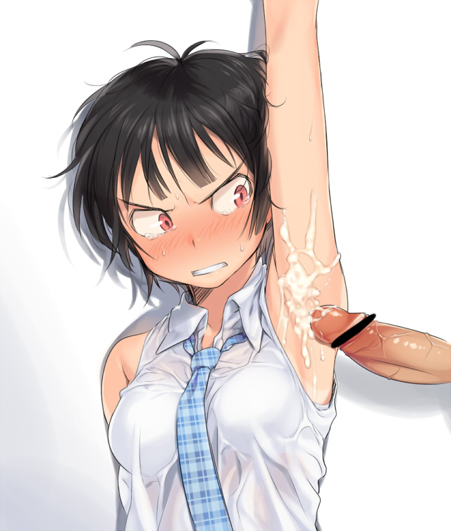 1boy 1girls angry arm_up armpit bare_shoulders black_hair blush bra bust censored crying cum cum_on_armpit face grimace nanaichi necktie original penis plaid red_eyes see-through shadow short_hair sleeveless sleeveless_shirt solo sweat white_background