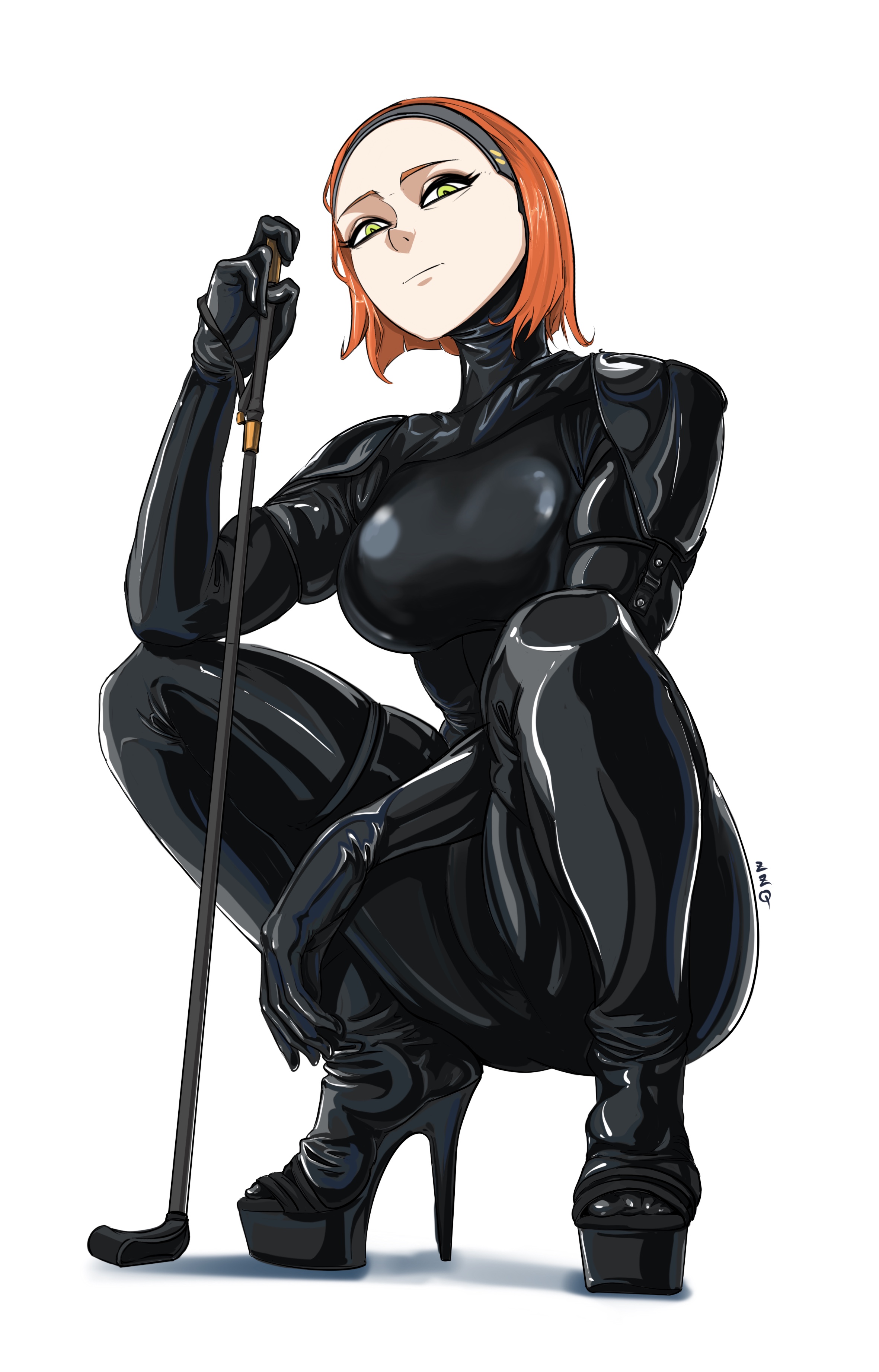 1girls, big breasts, black heels, bo-katan kryze, breasts, dominant female, dominatrix, female, female only, femdom, fully clothed, headband, heels, high collar, high heels, latex, latex bodysuit, latex clothing, latex gloves, latex legwear, latex thighhighs, looking at viewer, looking down, looking down at viewer, mandalorian, platform heels, red hair, riding crop, rubber, rubber clothing, shiny clothes, shoulder pads, skindentation, squatting, star wars, tight clothing, zzq3180