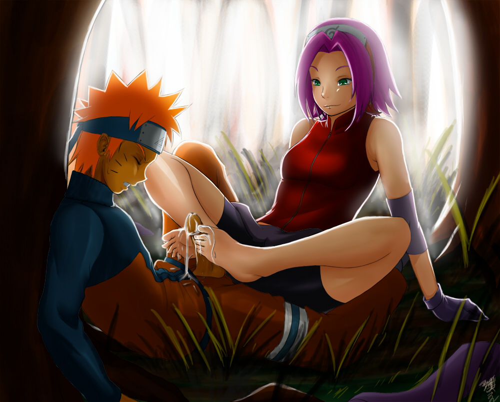 1boy, 1girls, blonde hair, cum, cum on body, cum on feet, cum on lower body, cum on penis, feet, female, finalcake, footjob, green eyes, human, kunoichi, male, naruto, naruto (series), ninja, outdoors, penis, pink hair, sakura haruno, short hair, soles, straight, toes, uncensored, uzumaki naruto
