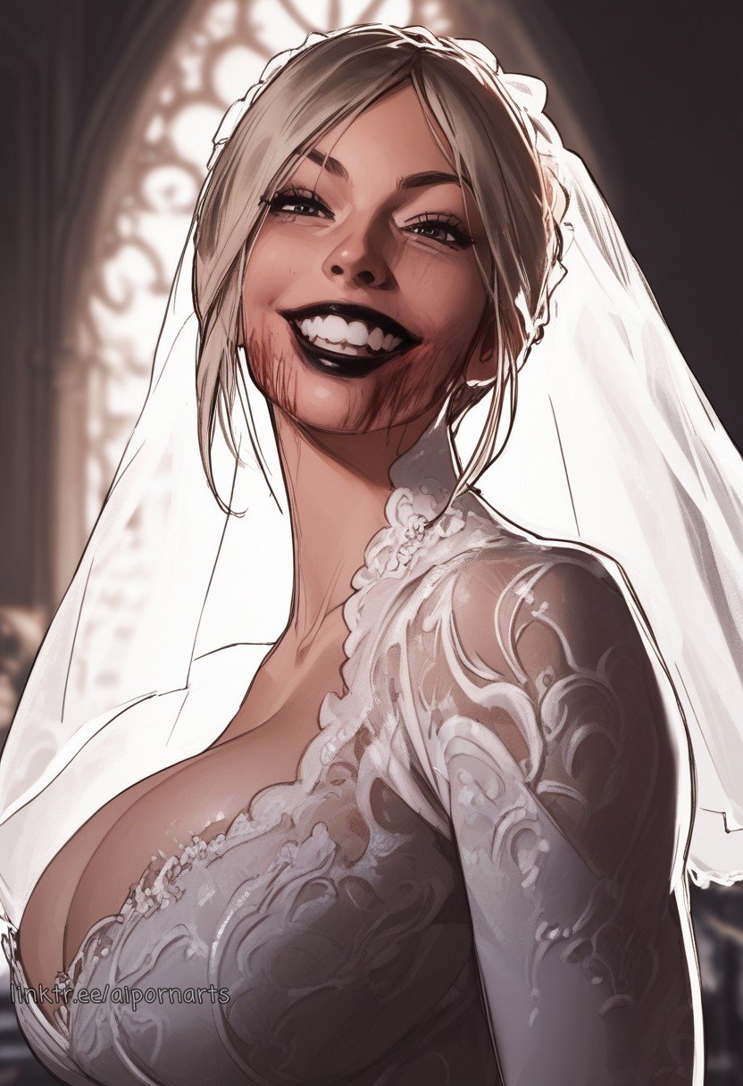 ai_generated aipornarts bela_(resident_evil) big_breasts blonde_hair blood blood_on_face breasts bride capcom happy looking_at_viewer resident_evil resident_evil_8:_village smiling smiling_at_viewer wedding_dress