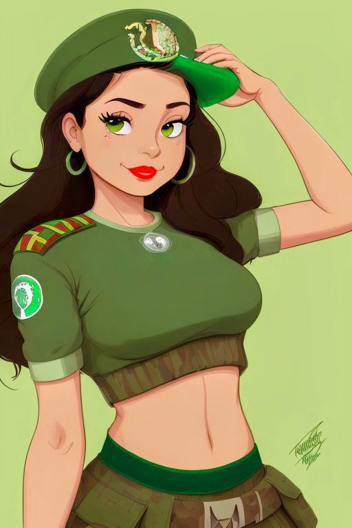 1girls ai_generated american_dad army army_cap army_girl army_uniform bare_midriff black_hair colombian colombian_army_soldier_1 colombian_female crop_top earrings edited female female_only hat latina latina_female lipstick long_hair looking_at_viewer military_uniform pin_up red_lipstick smile smiling smiling_at_viewer soldier