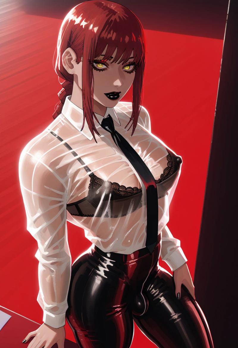 ai generated, black lipstick, bra, chainsaw man, female, femboy, latex, makeup, makima (chainsaw man), male, nikolgreen, red hair, see-through clothing, stable diffusion, trap